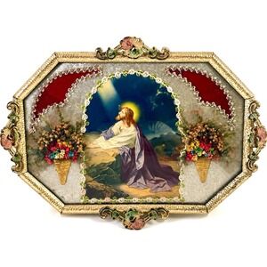 VTG Jesus Gethsemane Shadowbox Convex Bubble Glass 3D Diorama Ornate Frame MCM
